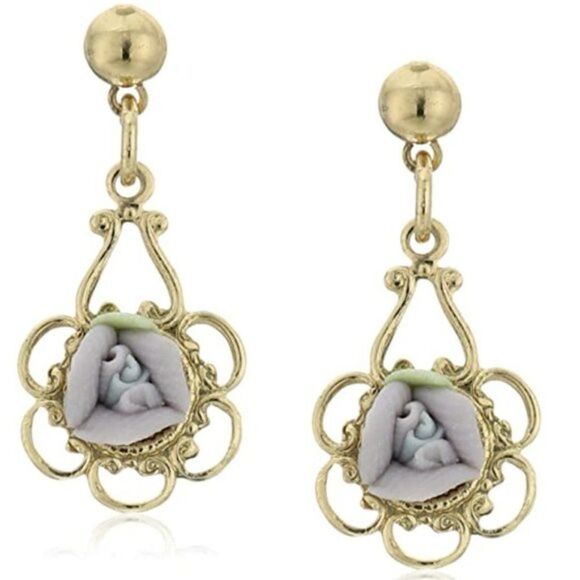 1928 Yellow Gold and Porcelain Lavender Rose Dangling Post Back Earrings - Picture 1 of 7